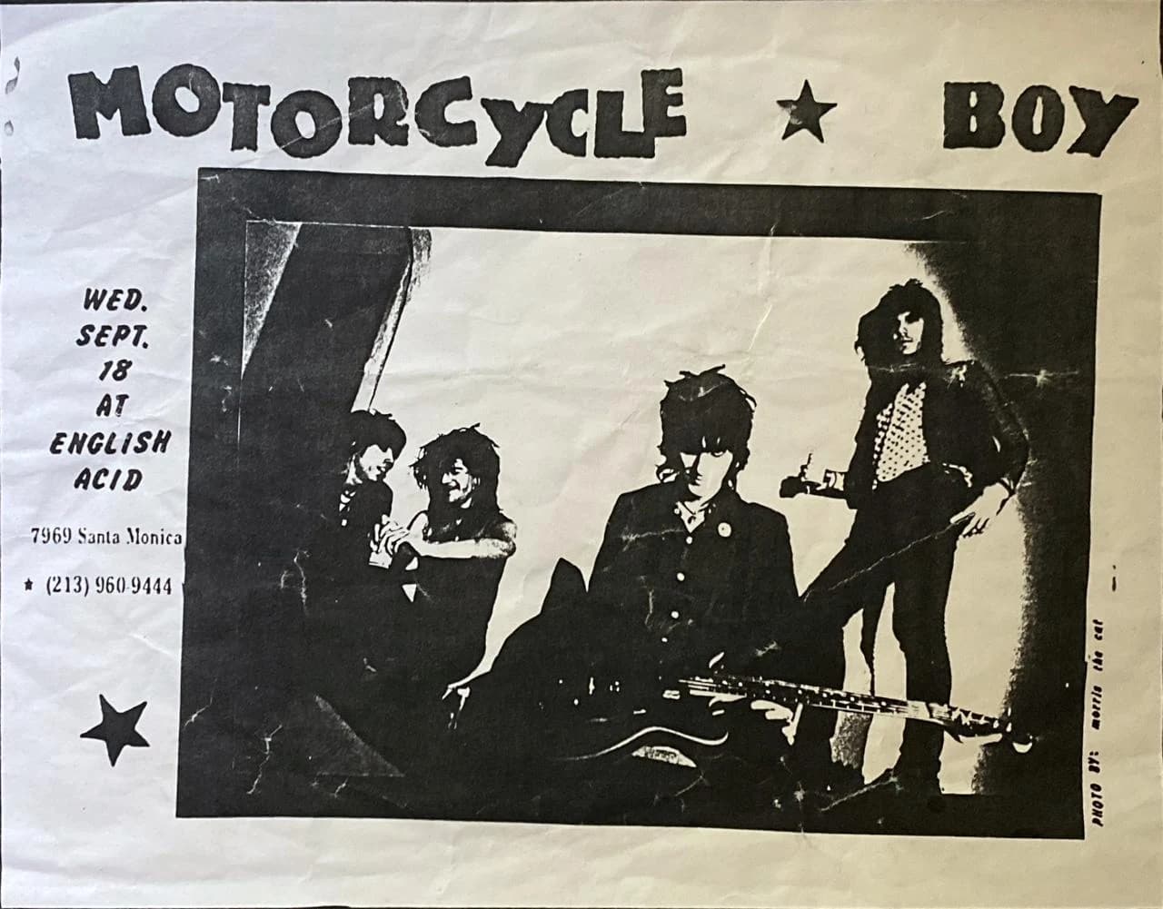 Motorcycle Boy, live at English Acid. Wed. Sept 18. A flyer from the scene the store called home.
