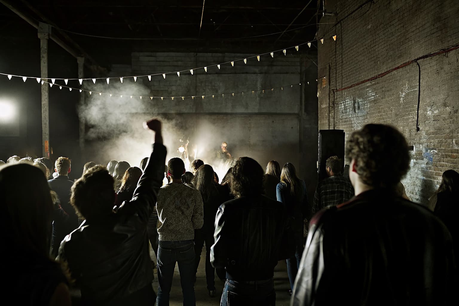 Crowd at an underground punk live show in a Downtown Los Angeles warehouse venue