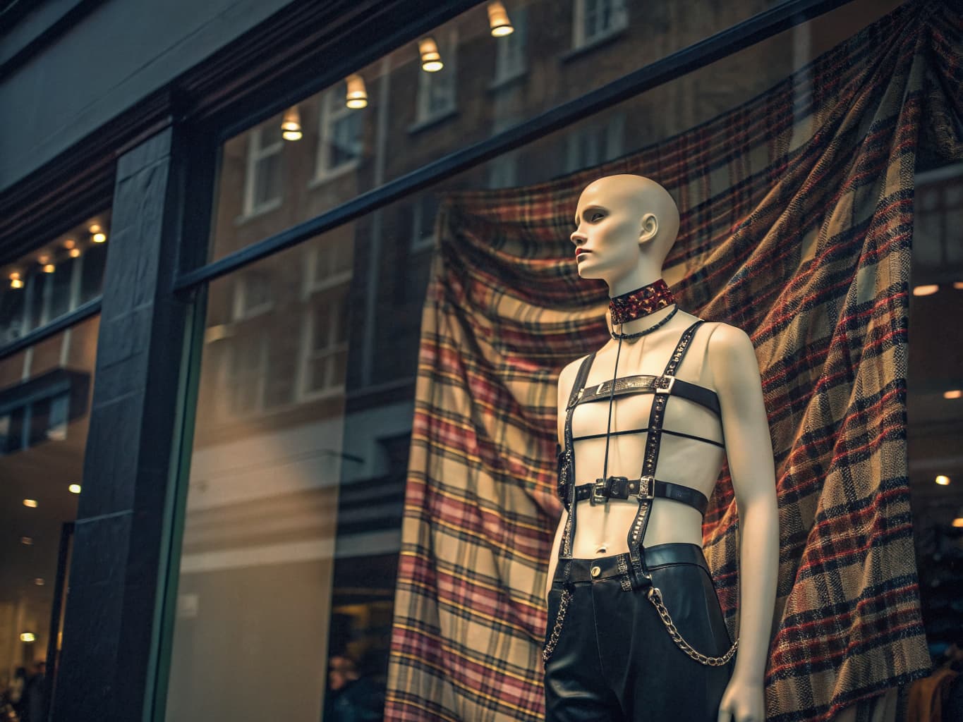 Vivienne Westwood punk fashion King's Road 1970s bondage trousers and tartan storefront display