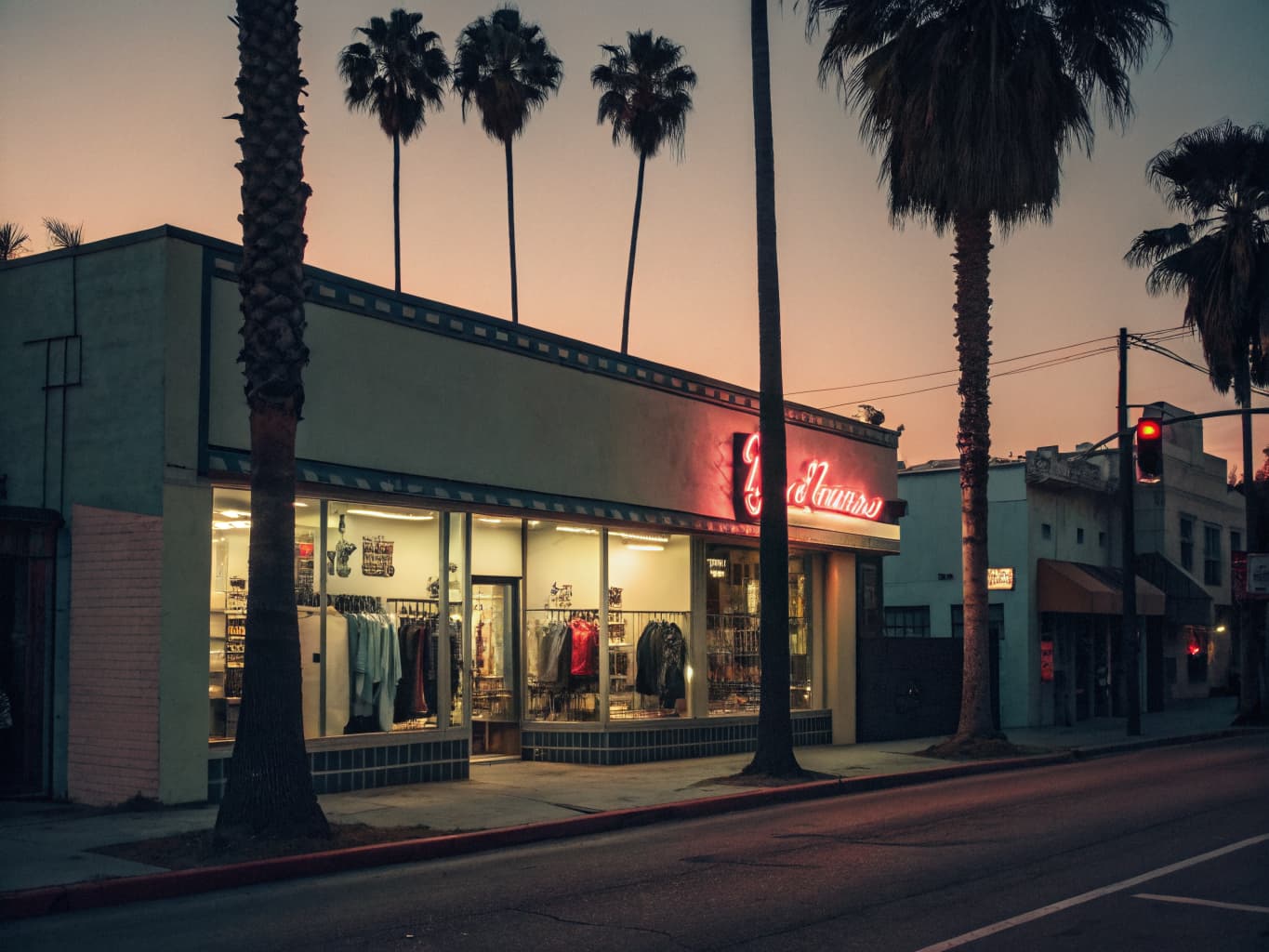 Vintage Melrose Avenue Los Angeles punk and goth clothing storefront at dusk