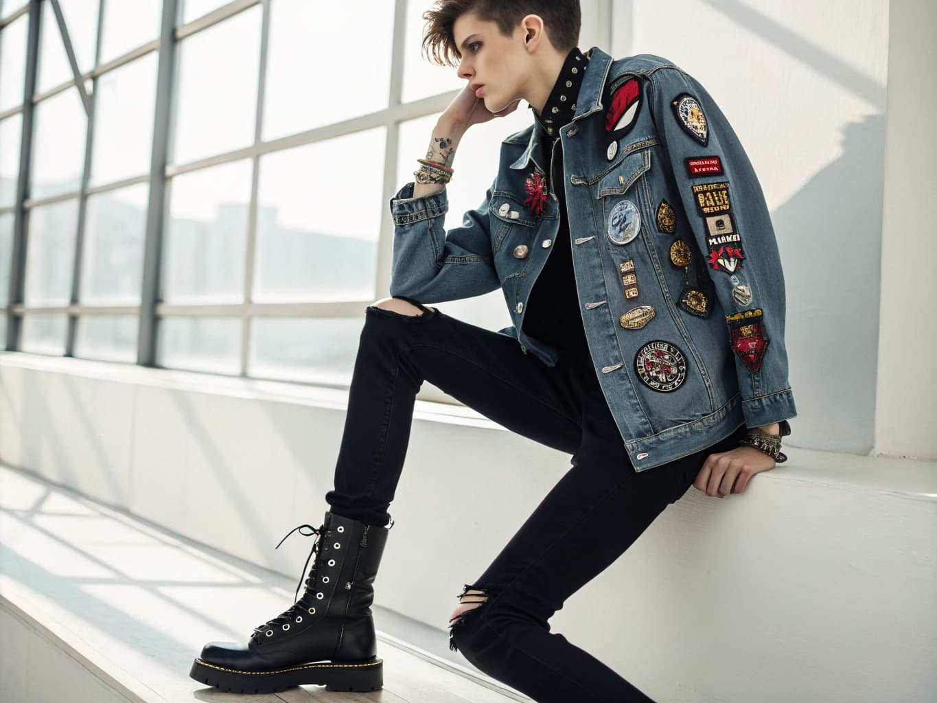 Modern punk fashion today, customised secondhand denim jacket with patches and pins over black clothing