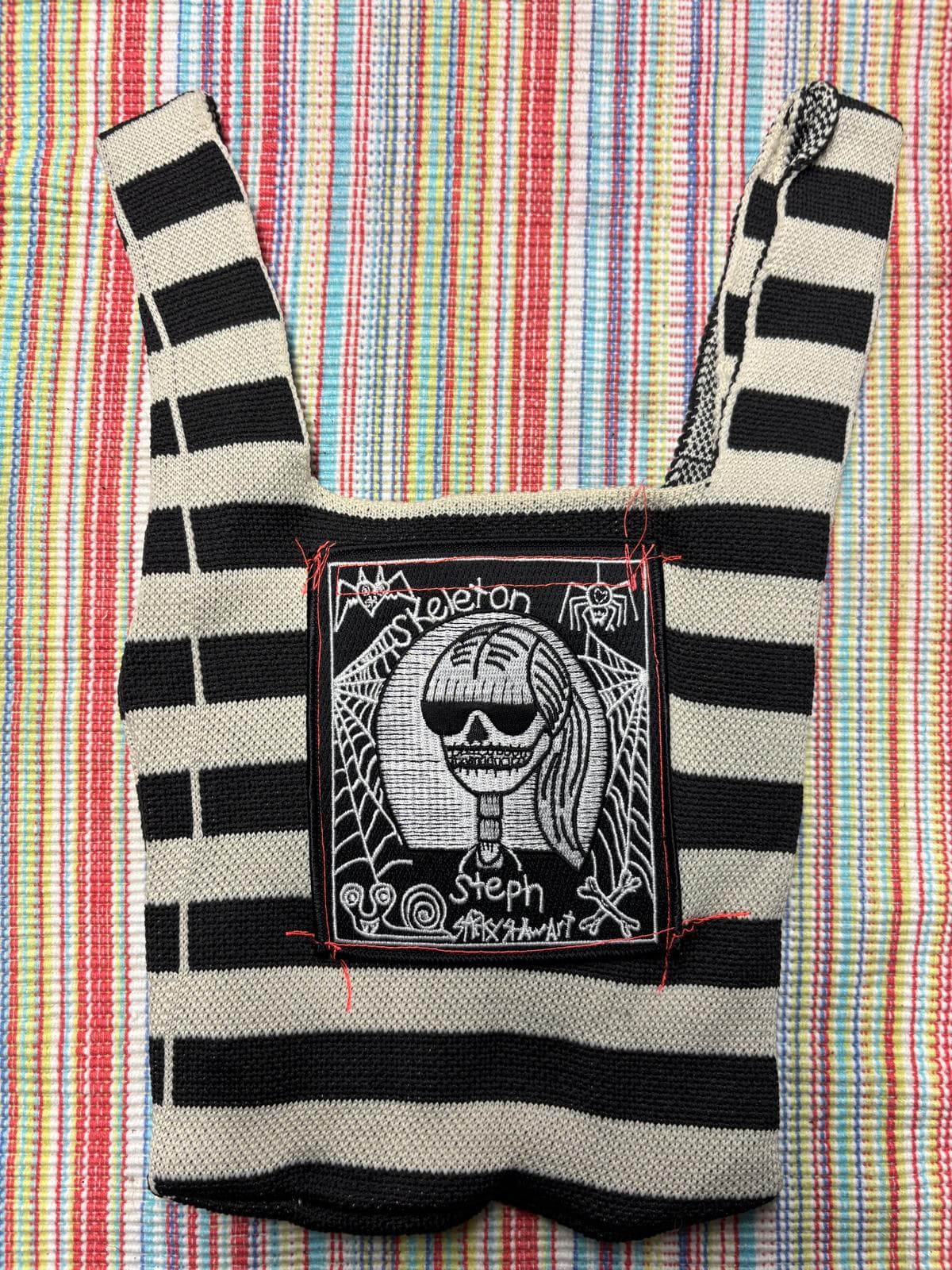 hand-painted skeleton tote bag, handmade accessory