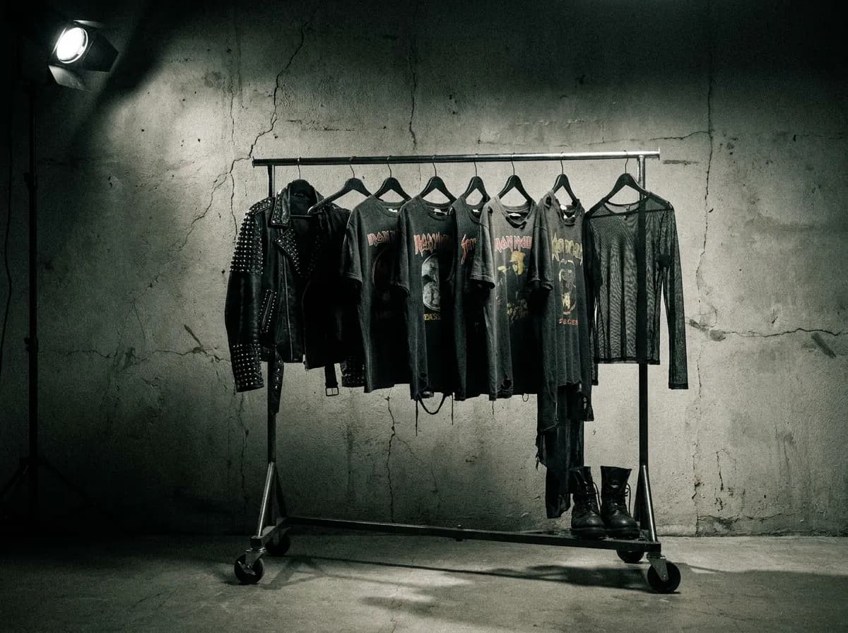 Rolling rack of black punk and goth clothing under studio spotlight