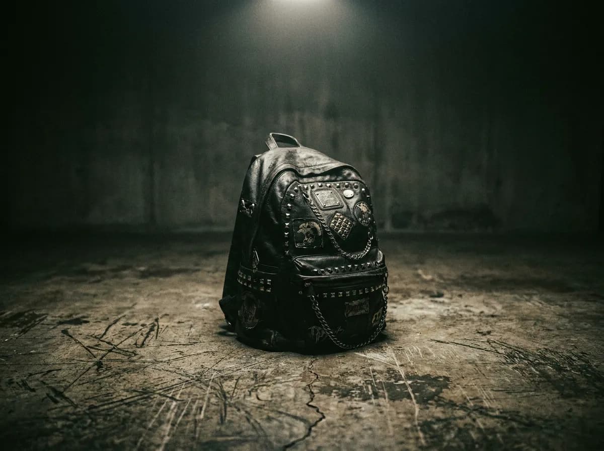Studded black leather backpack under studio spotlight
