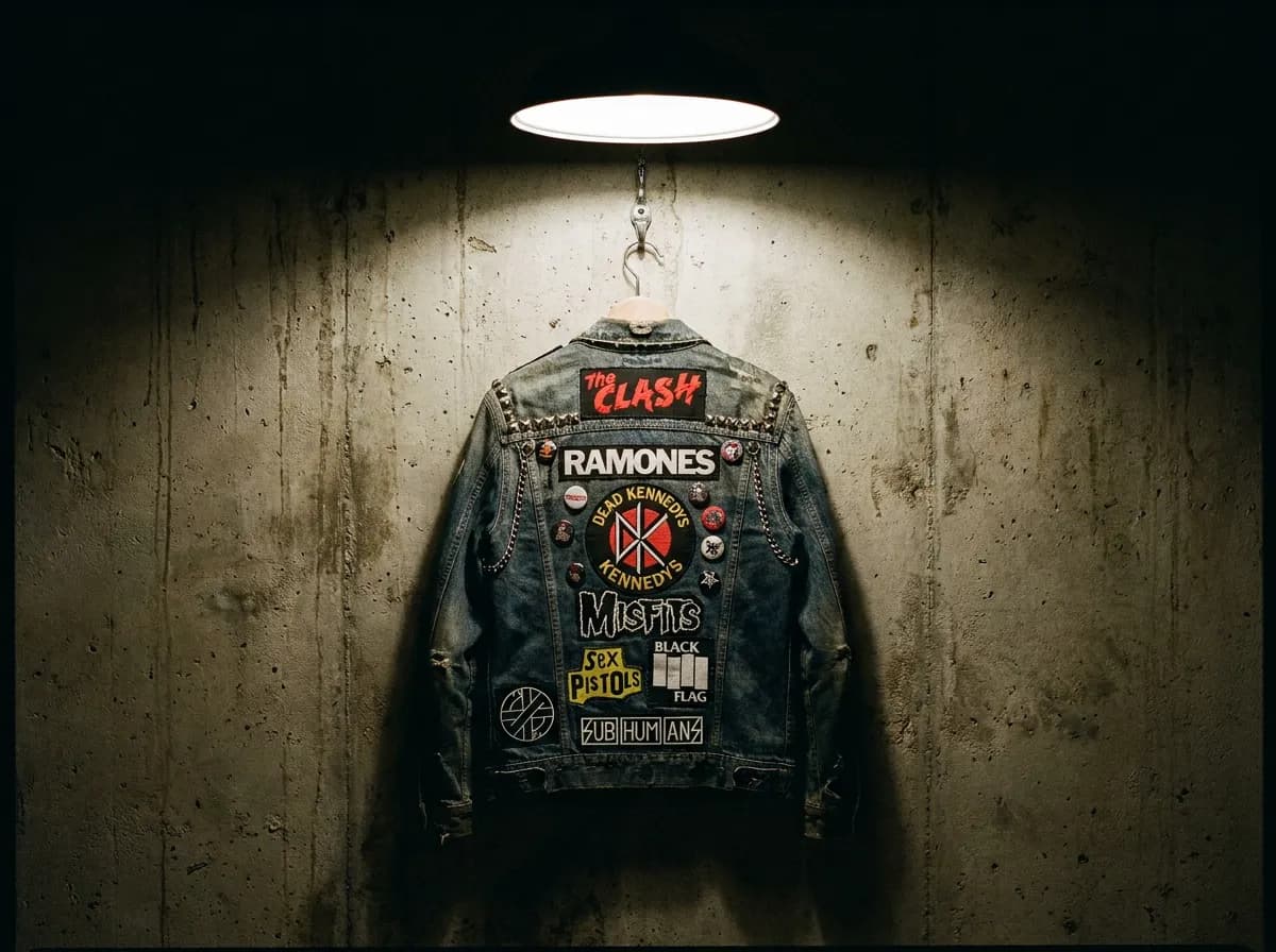 Denim battle jacket covered in punk band patches