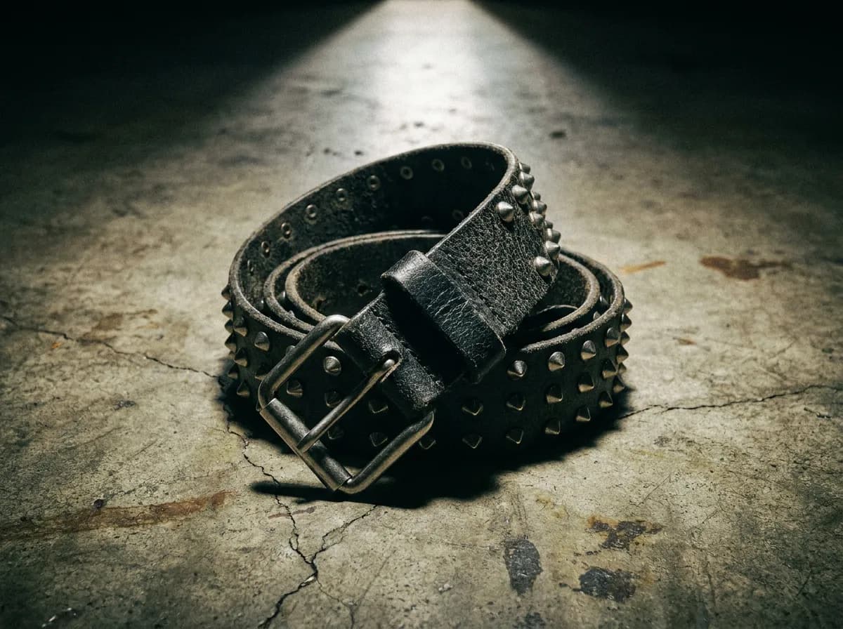 Studded black leather belt coiled on a concrete floor