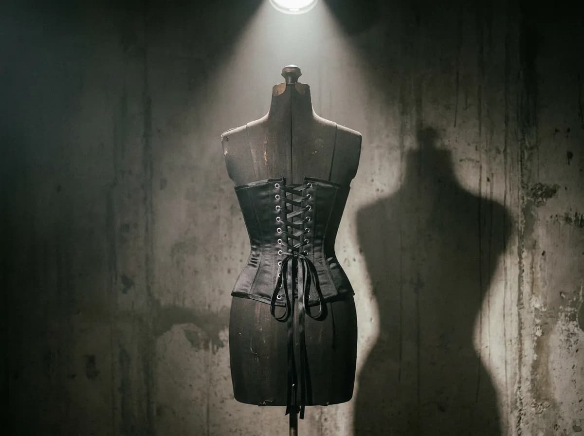 Black satin corset with lace-up back on a dress form