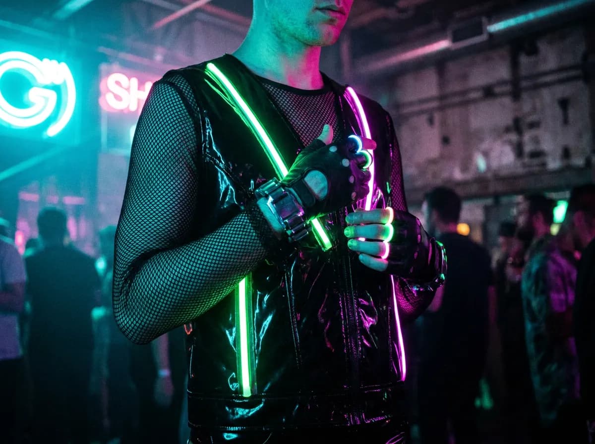 Neon-lit PVC and fishnet cyber goth outfit