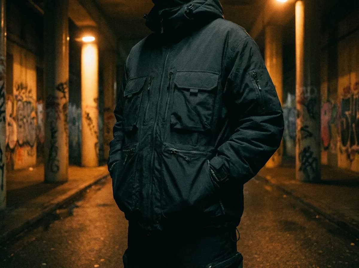 Oversized black technical jacket in a dark urban underpass