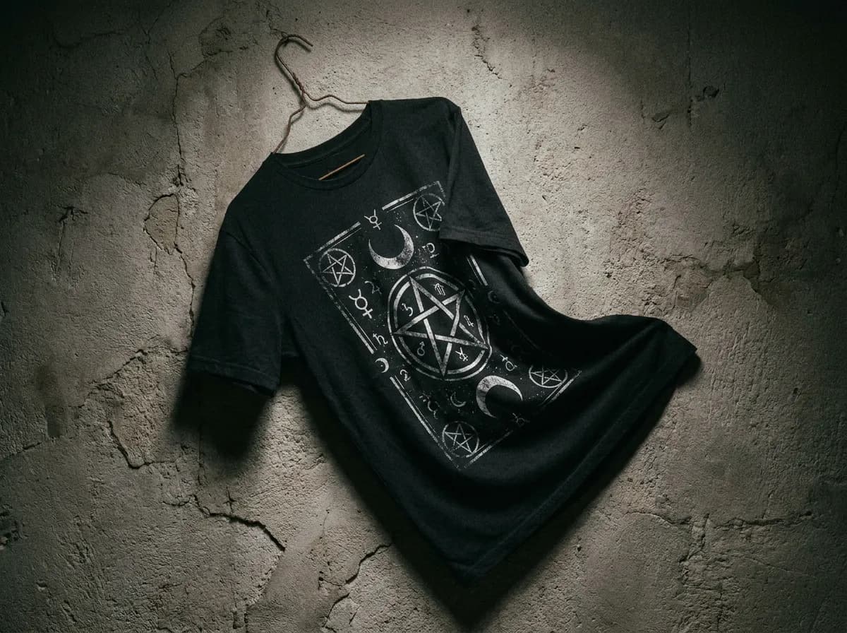 Black goth graphic t-shirt with occult-style print