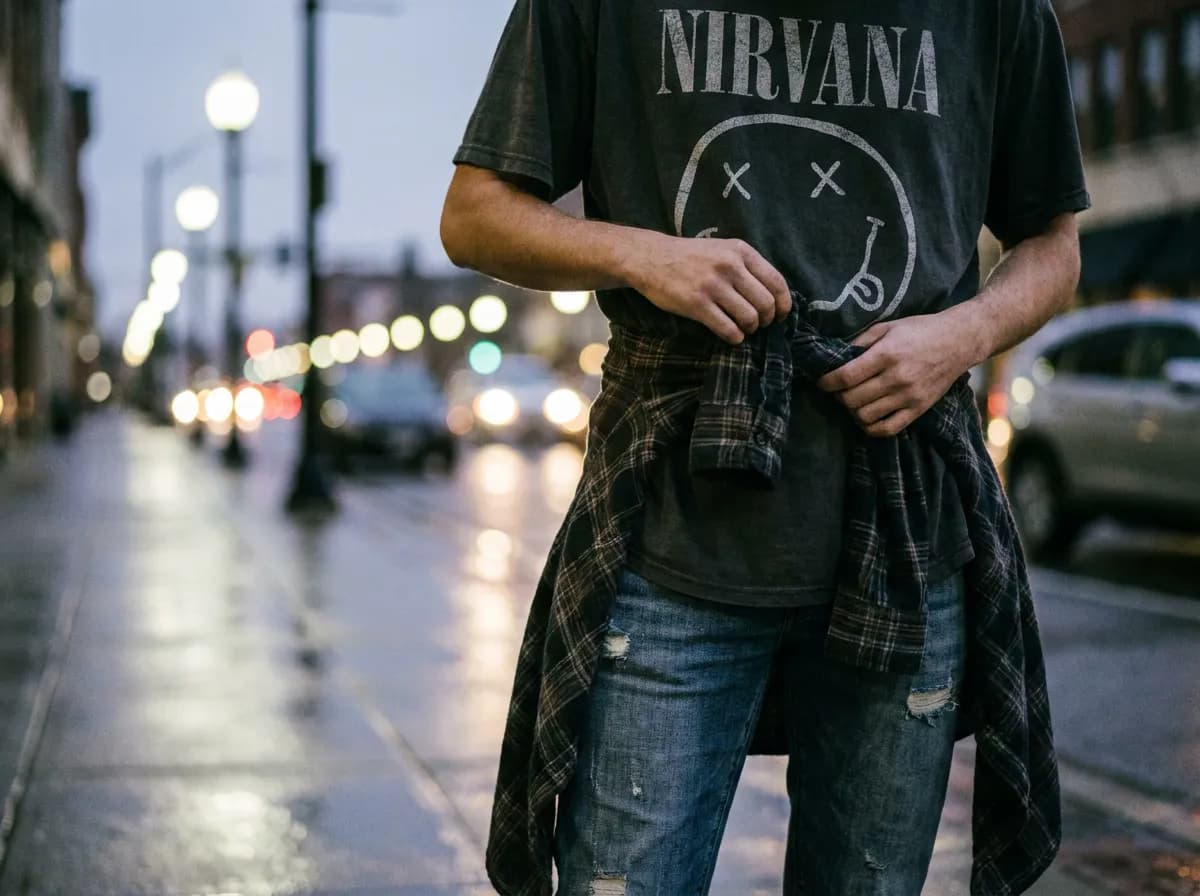 Oversized flannel and band tee, 90s grunge street style