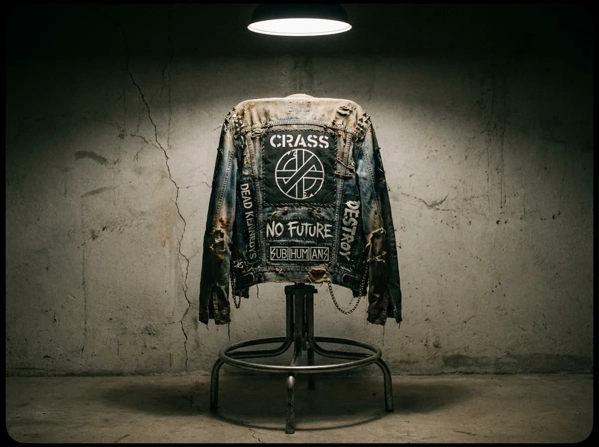 Hand-sewn punk jacket covered in patches, pins and studs
