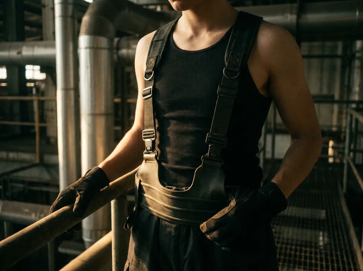Utility straps and rubber harness in a dark industrial warehouse