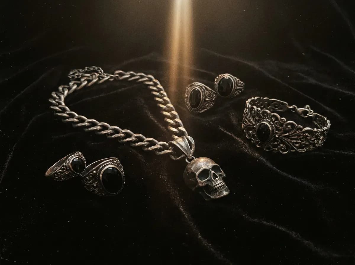 Dark silver gothic jewelry on black velvet