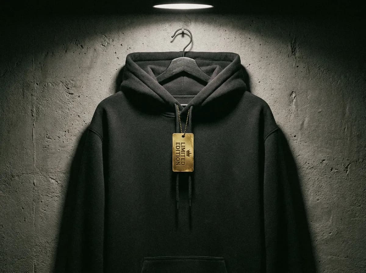 Black hoodie with a gold foil limited edition hang tag