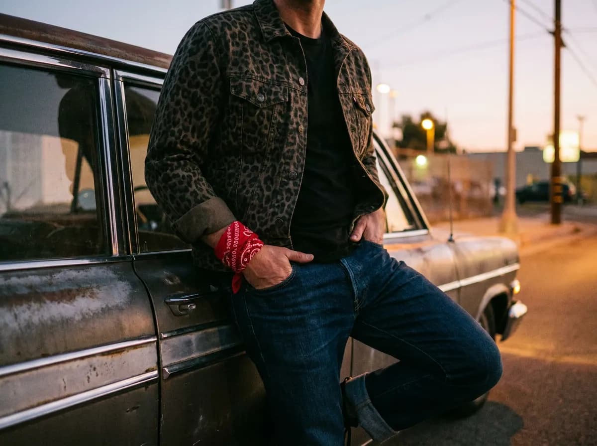 Leopard-print jacket and cuffed jeans, psychobilly street style