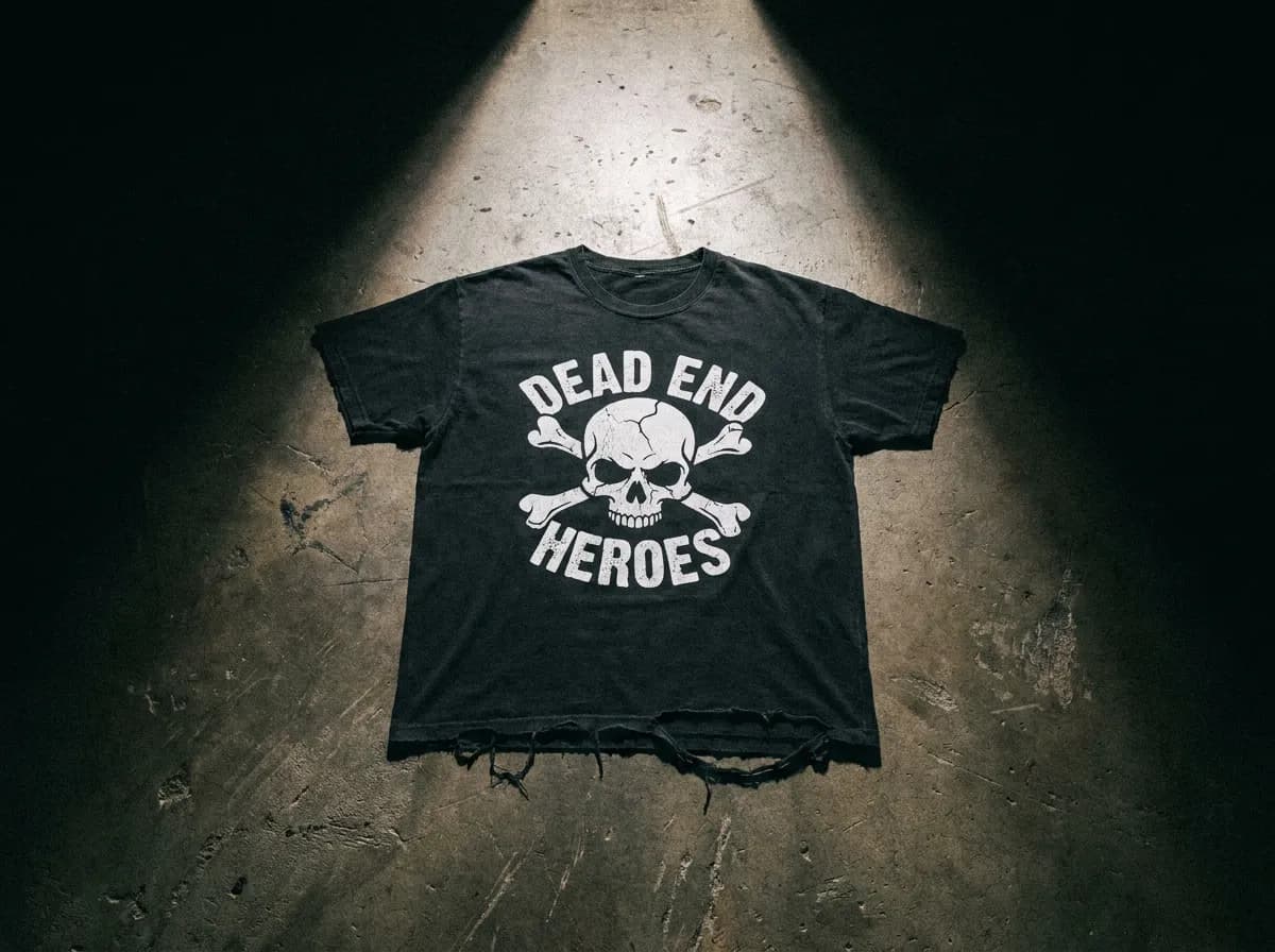 Distressed black punk band t-shirt on a concrete floor