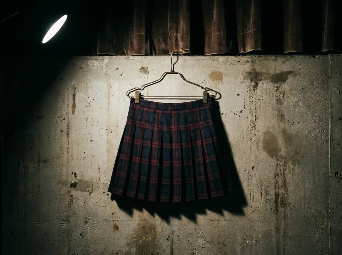 Black pleated tartan mini skirt on a hanger