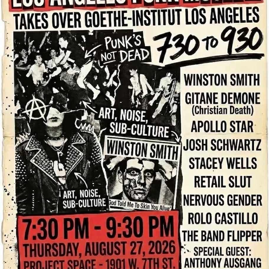Tequila Mockingbird's Punk Museum exhibition opening flyer, Thursday August 27 2026, 7:30 to 9:30 PM at Goethe-Institut Los Angeles