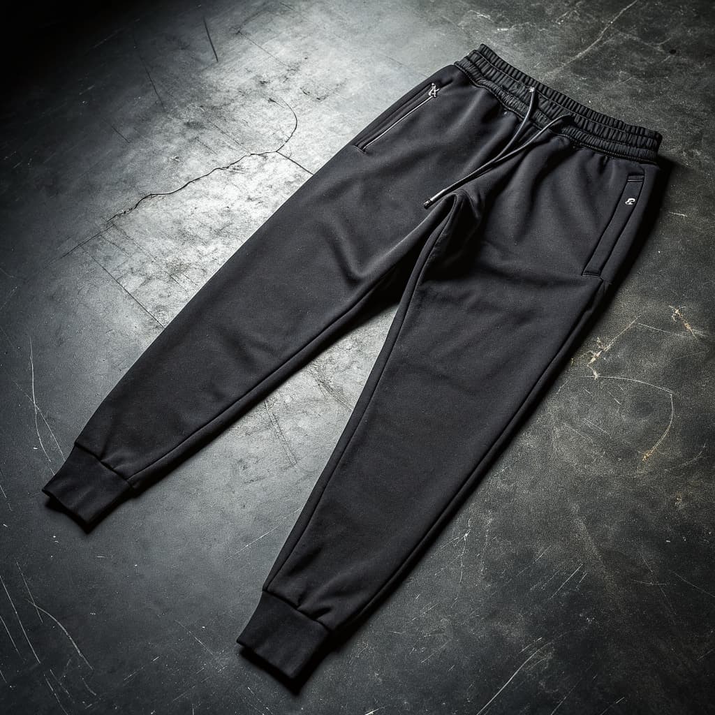 Black sweatpants product shot on a concrete floor