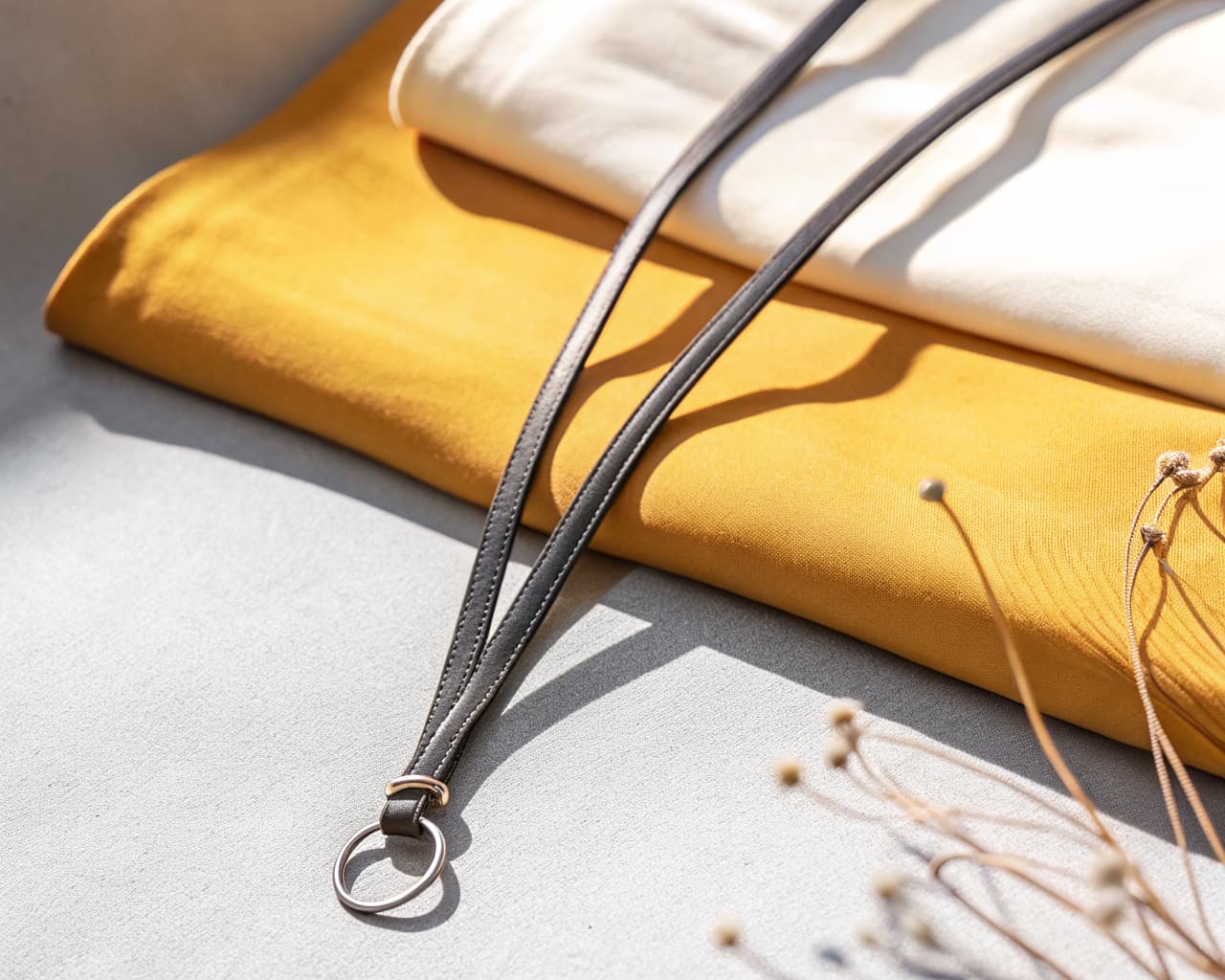 Leather day collar with O-ring worn over a professional outfit