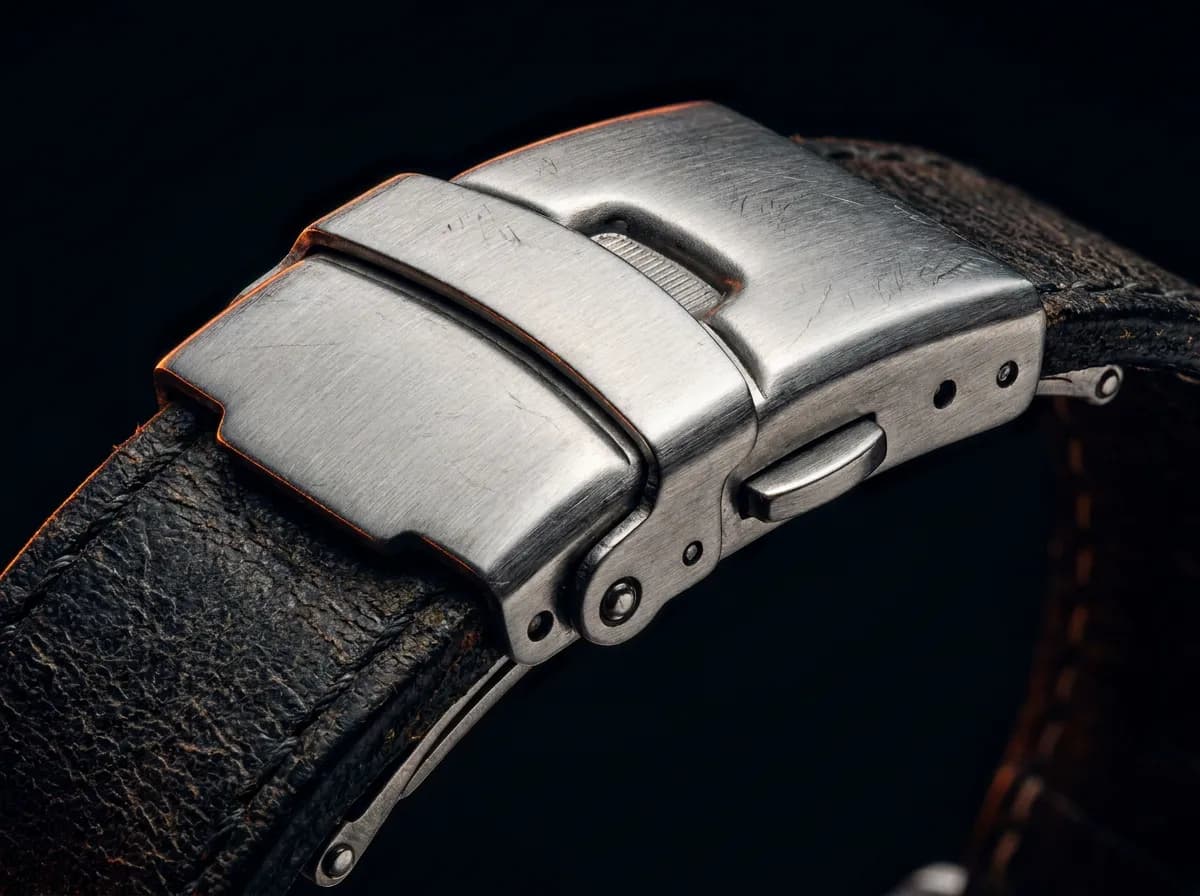 Close-up of a locking collar clasp and hardware showing quality metal construction