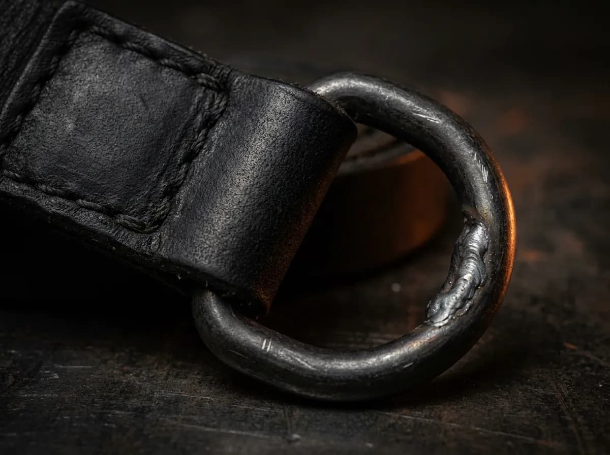 Close-up of a solid welded D-ring on a quality leather collar showing clean ring construction