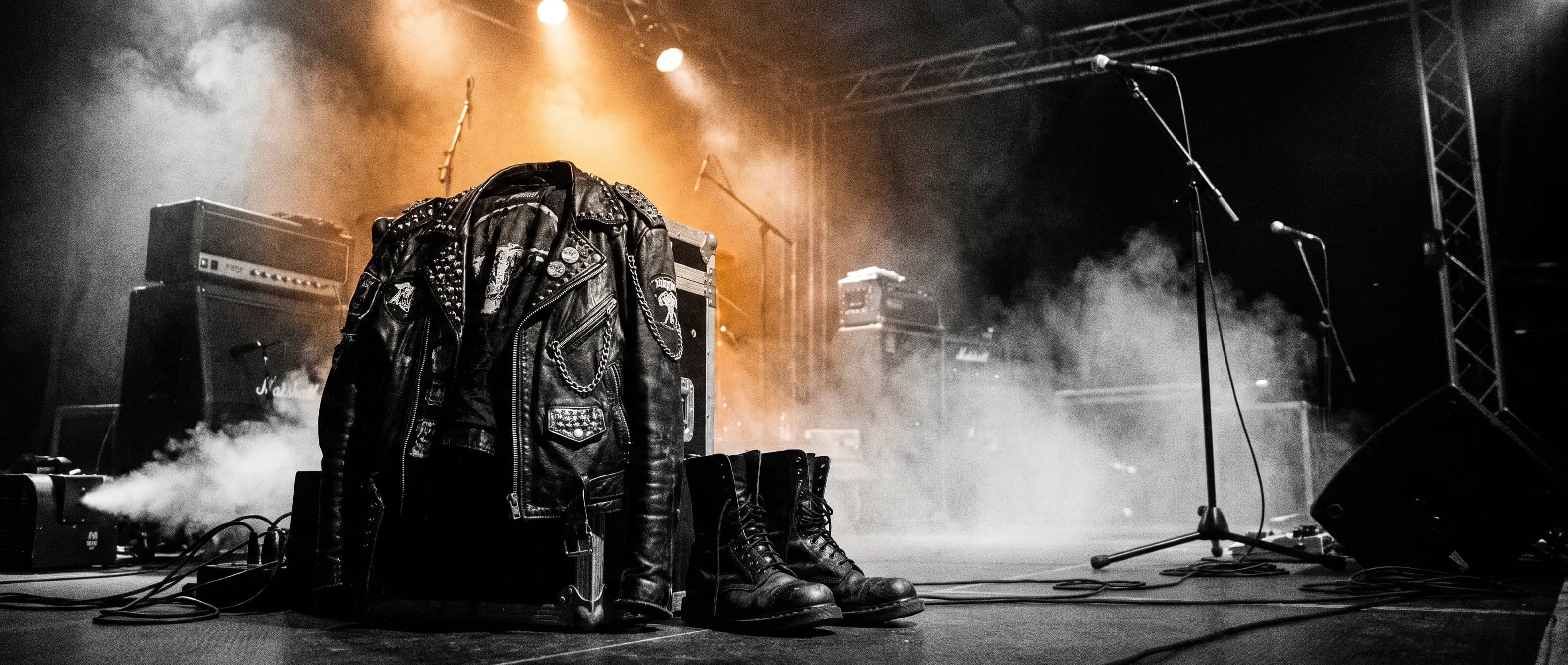 Iconic 1980s rock musician stage clothing, studded black leather jacket and heavy boots under stage lighting