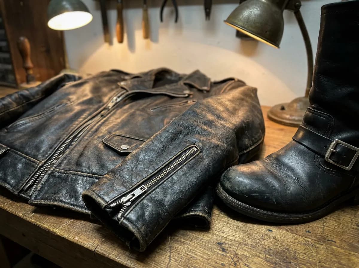 Quality leather jacket detail and boot close-up for buying rock musician stage clothing
