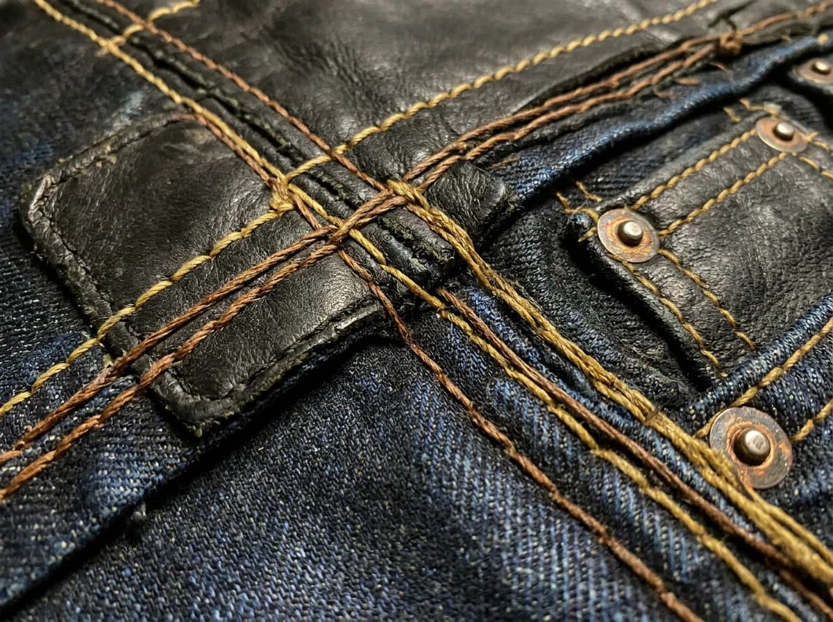 Reinforced seams and heavy leather stitching detail on rock musician stage clothing