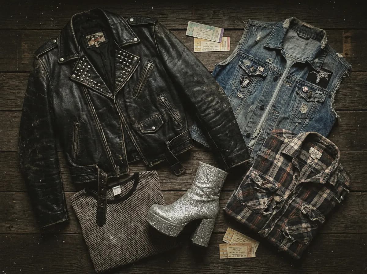 Rockstar style era by era collage, glam platform boots, punk leather, 1980s studded jackets, and thrift denim