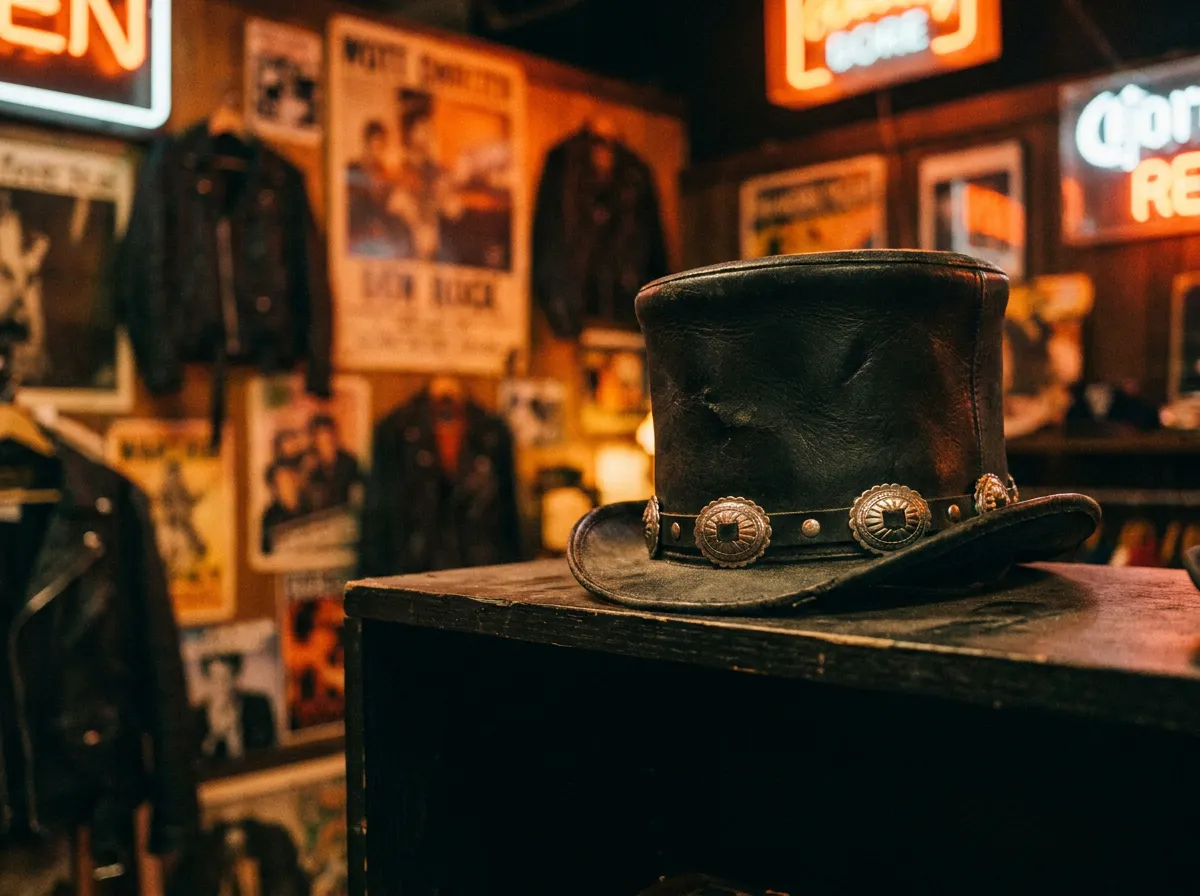 Slash top hat Melrose Avenue 1980s rock musician stage clothing with concho belt band